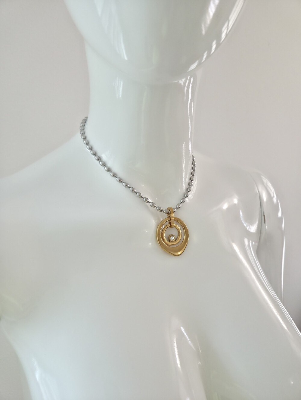 ​Gold & Silver Spiral Circle Pendant Necklace Clear Rhinestone - Picture 12 of 13